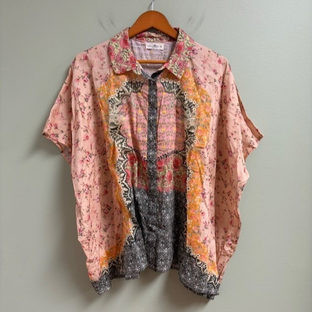 Natural Life Boho Mixed Floral Print Oversized Kimono Top Button Up OS Cottage
